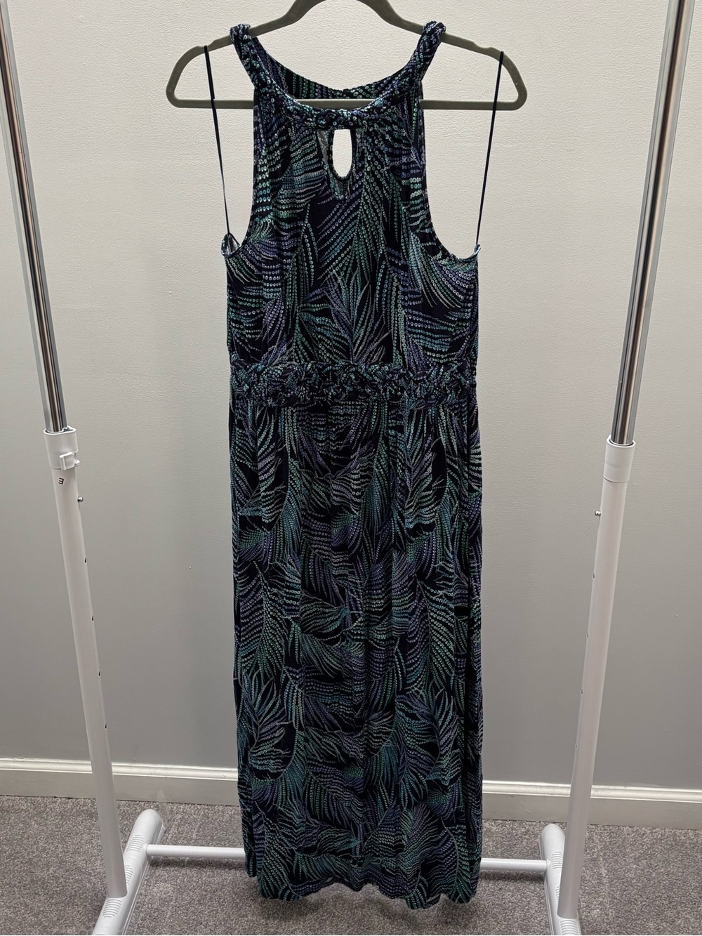 Berkley Jensen Sleeveless Navy Leaf-Print Cutout Halter Maxi Dress